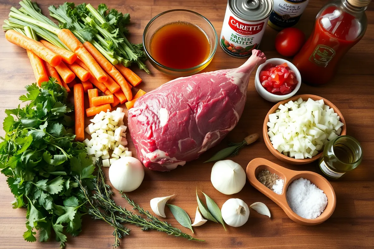 Ingrédients pour un jarret de bœuf mijoté : viande crue, carottes, oignons, céleri, ail, bouillon de bœuf, tomates concassées, thym, laurier, sel, poivre et huile d’olive sur un plan de travail en bois.