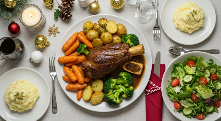Repas festif avec boeuf jarret, légumes rôtis et purée.