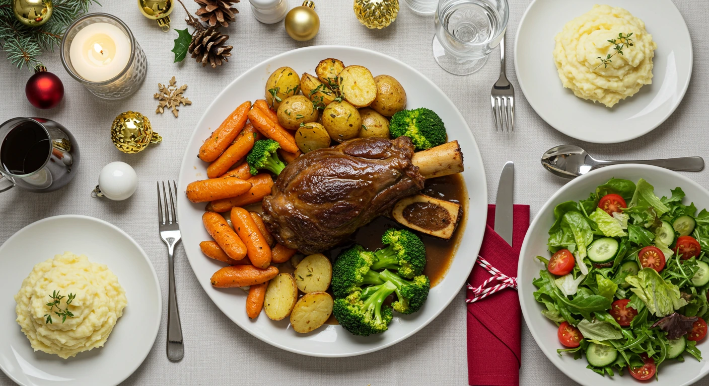 Repas festif avec boeuf jarret, légumes rôtis et purée.