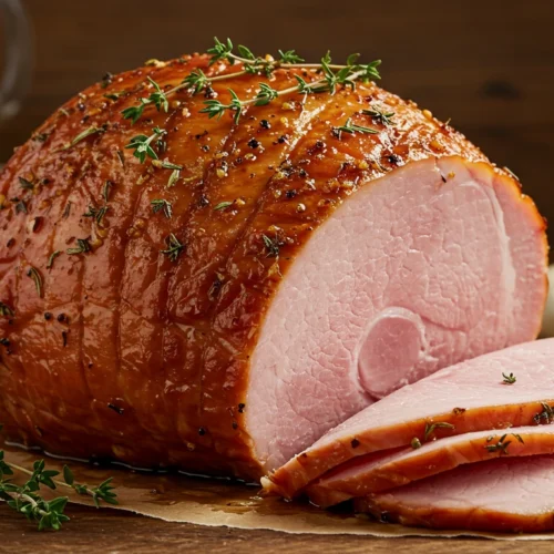 Jambon de dinde supérieur rôti avec thym frais et éclats d'ail sur un plan de travail en bois.