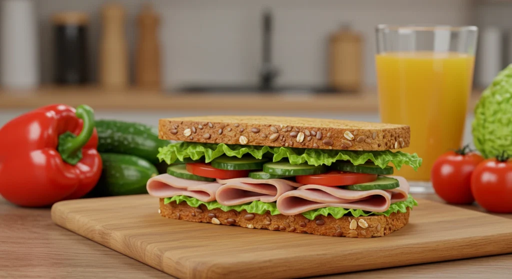 Sandwich au jambon de dinde supérieur avec légumes croquants et pain aux céréales.