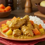 Un plat de poulet mafé, servi avec du riz blanc et des légumes dans une sauce crémeuse à base de pâte d'arachide, sur fond de cuisine chaleureuse