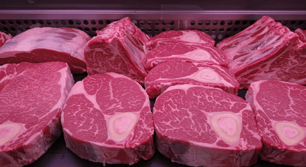 Sélection de boeuf jarret frais et marbré, prêt à être cuisiné.