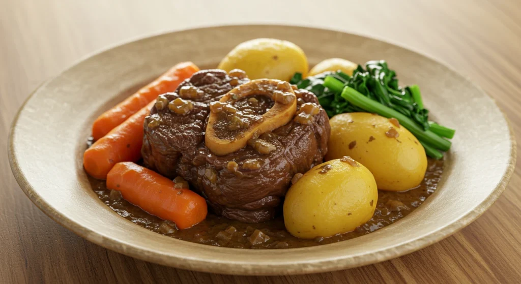 Plat de boeuf jarret mijoté avec des légumes sains, source de protéines et de nutriments.