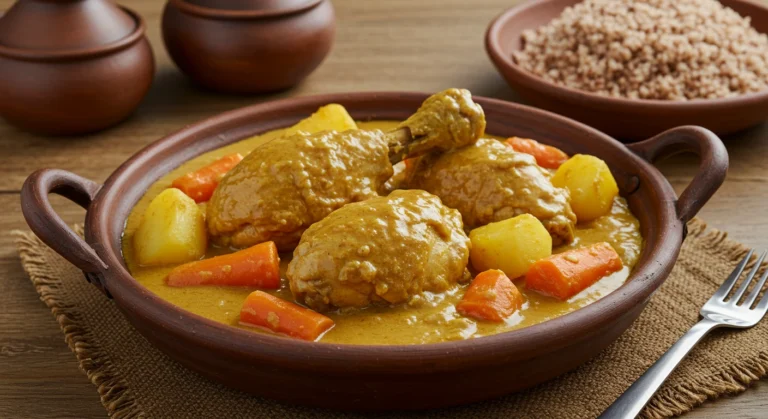 Poulet mafé avec sauce d'arachide, légumes et riz dans une cuisine africaine
