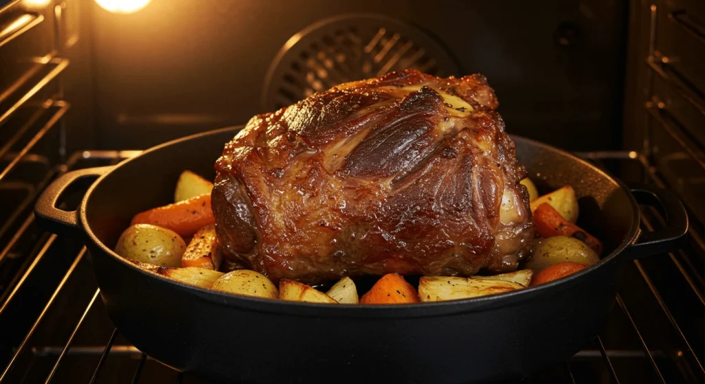 Boeuf jarret rôti au four avec une croûte dorée et légumes rôtis.