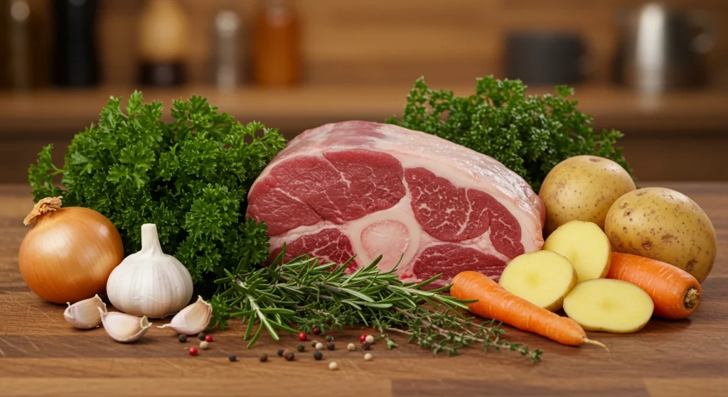 Ingrédients frais pour une recette de boeuf jarret réussie.