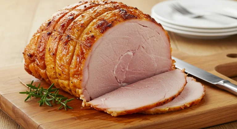 Jambon de dinde supérieur rôti doré et parfumé, servi avec des herbes fraîches.