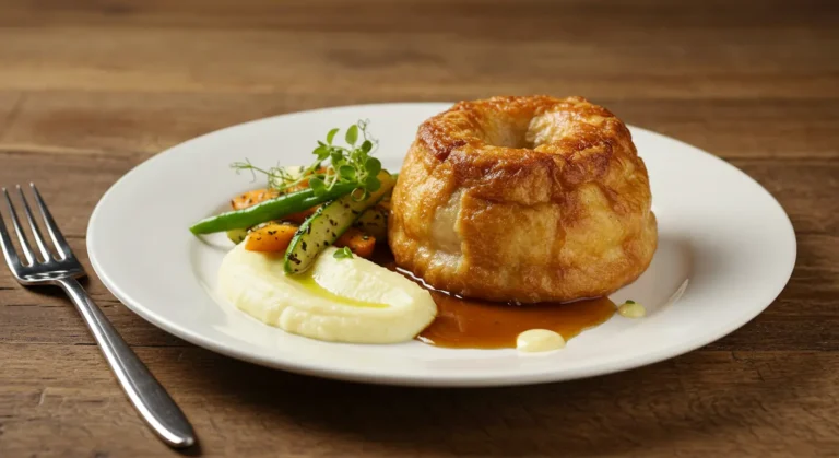 Paupiette de dinde dorée servie avec une purée onctueuse et des légumes sautés.