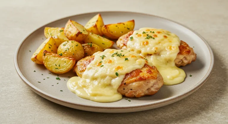 Assiette de poulet doré nappé de cancoillotte fondante, servie avec des pommes de terre rôties et des légumes de saison.