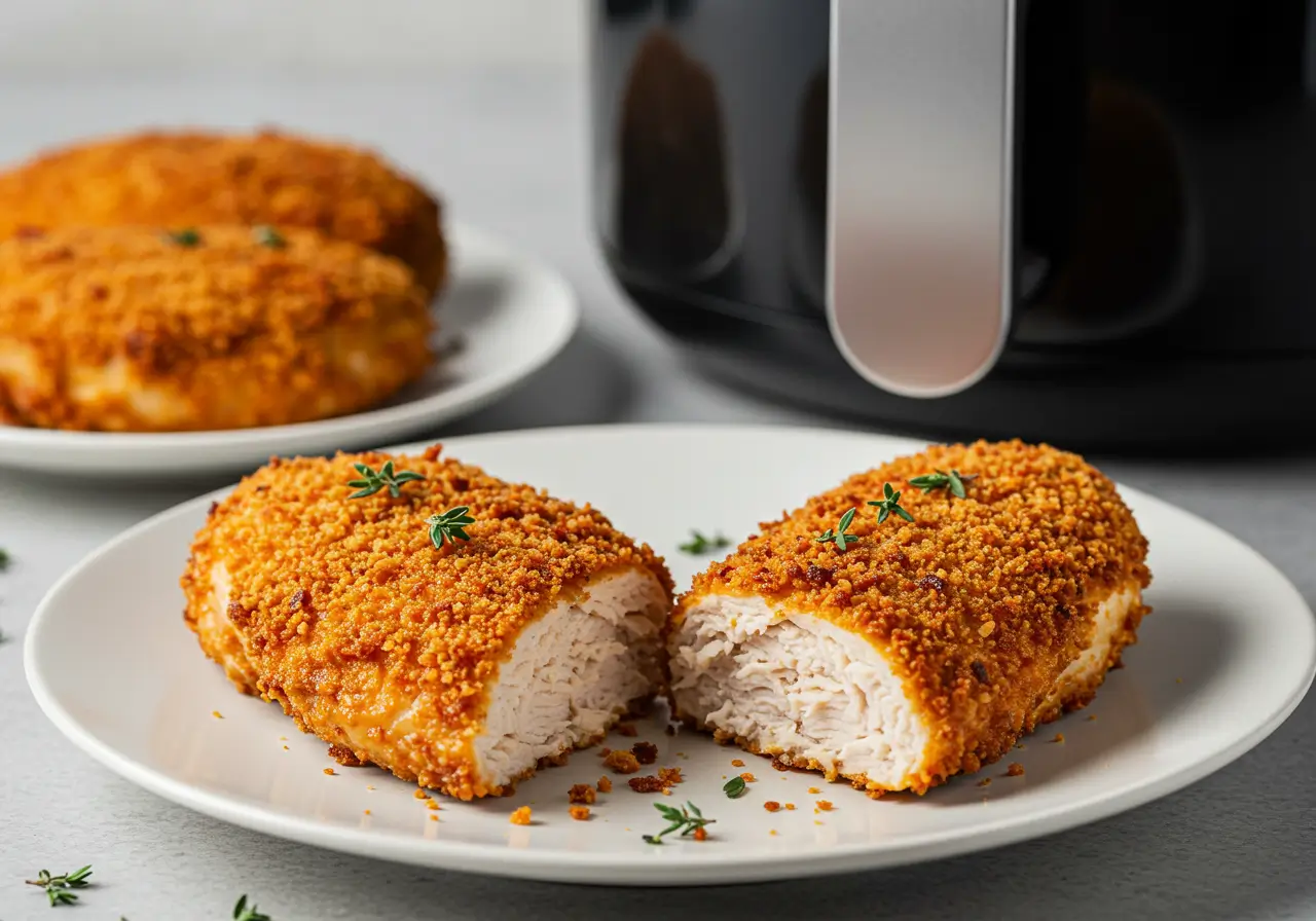 Blanc de poulet airfryer avec une croûte dorée et un intérieur juteux.