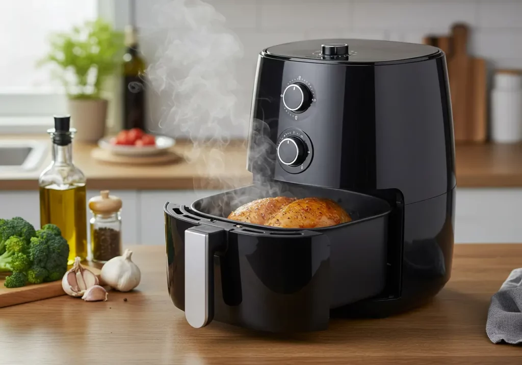Airfryer en action, cuisant un blanc de poulet de manière saine et rapide.