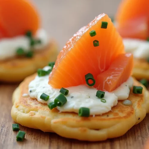 Blinis au saumon garnis de crème fraîche, saumon fumé et ciboulette sur une planche en bois