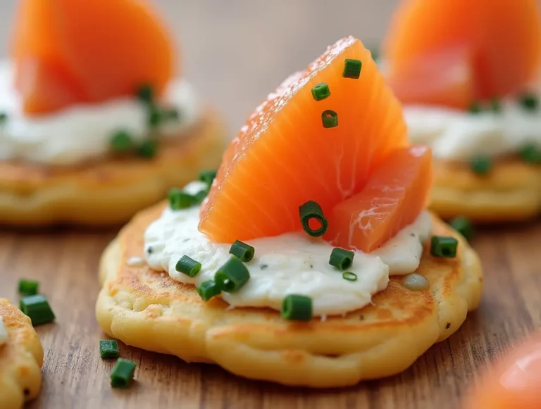 Blinis au saumon garnis de crème fraîche, saumon fumé et ciboulette sur une planche en bois
