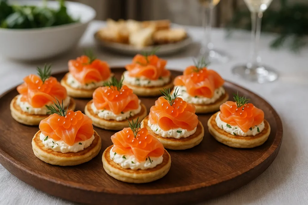 Plateau de blinis au saumon pour buffet chic