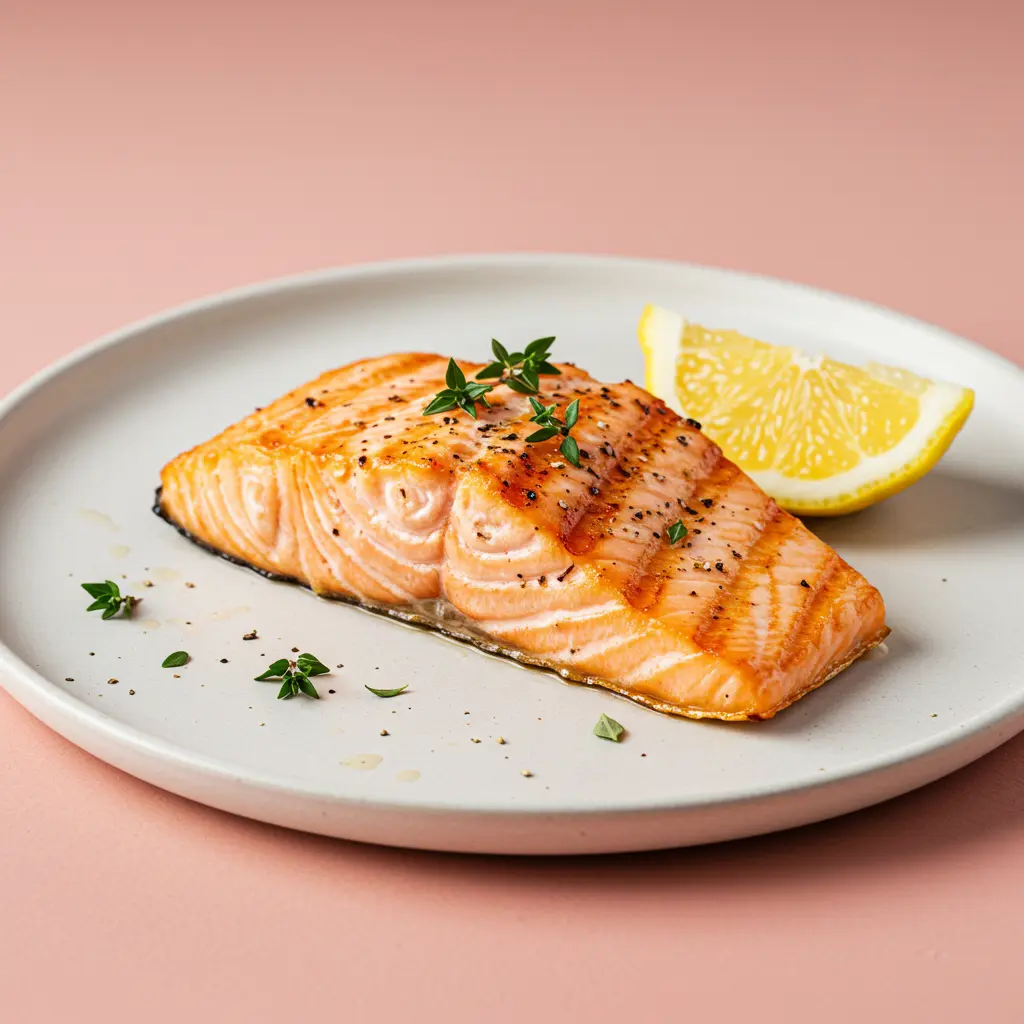 Filet de saumon grillé avec citron et herbes fraîches, en gros plan sur fond beige clair et lumineux.