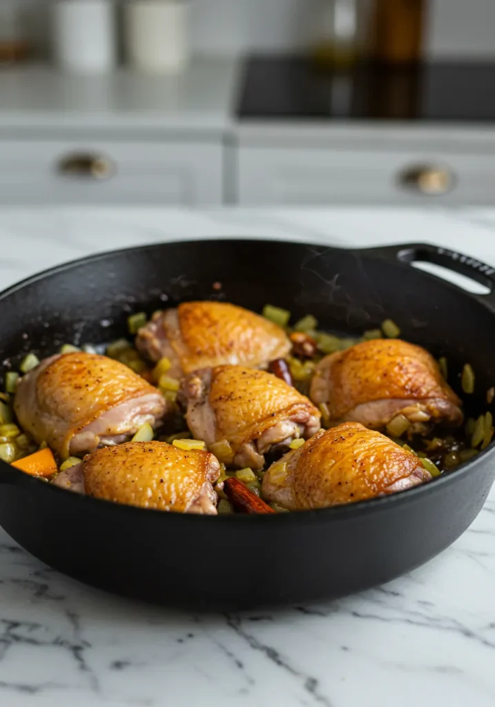 Cuisses de poulet en train de dorer avec les épices dans un tajine