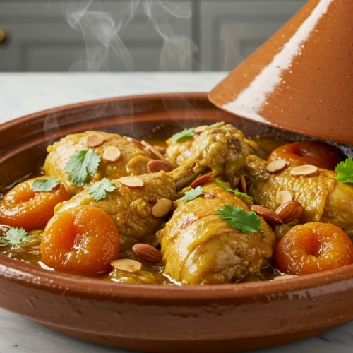 Tajine poulet abricot servi dans un plat traditionnel, sauce dorée et abricots fondants