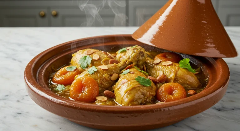 Tajine poulet abricot servi dans un plat traditionnel, sauce dorée et abricots fondants