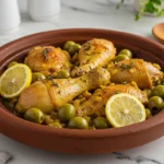 Tajine poulet olive vertes dans un plat marocain rond, servi sur un comptoir en marbre blanc