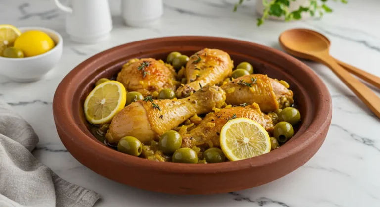 Tajine poulet olive vertes dans un plat marocain rond, servi sur un comptoir en marbre blanc