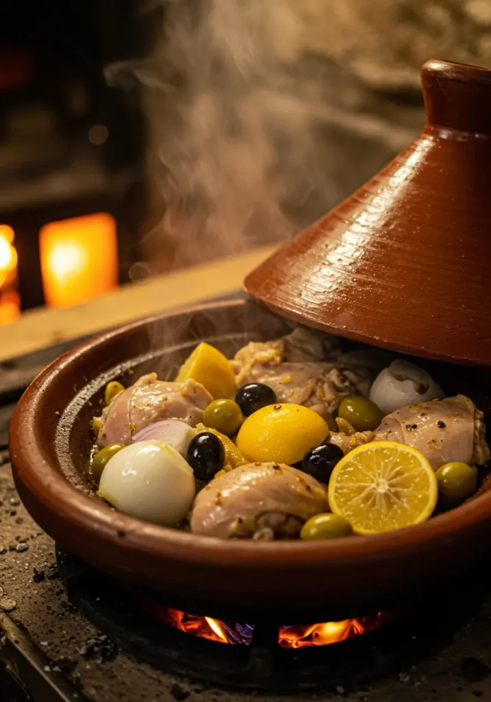 tajine poulet en cuisson dans un plat en terre cuite