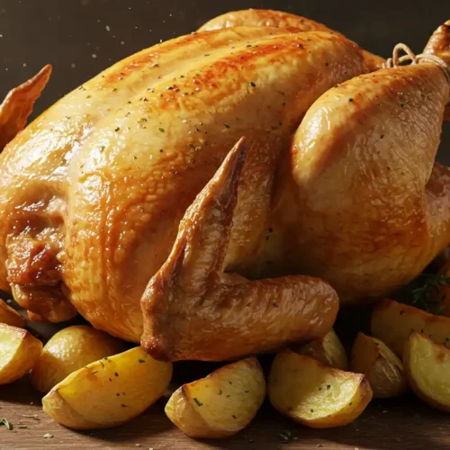 poulet rôti halal doré avec pommes de terre