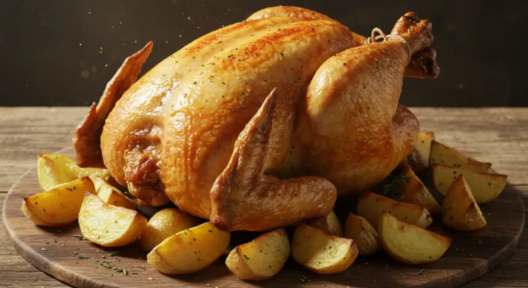 poulet rôti halal doré avec pommes de terre
