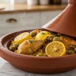 ajine de poulet au citron confit et olives dans un plat marocain, sur un plan de travail en marbre