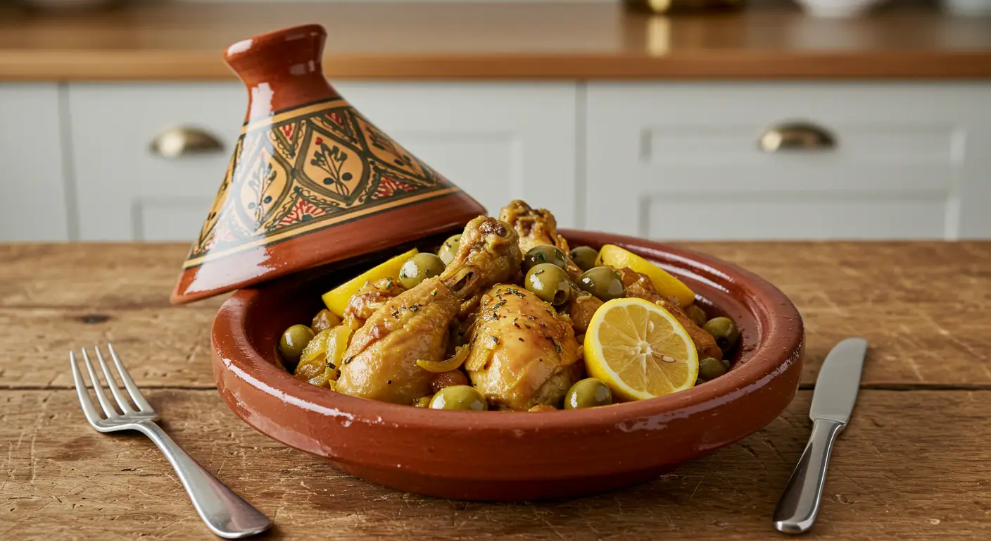 tajine poulet marocain au citron confit et olives dans un plat en terre cuite