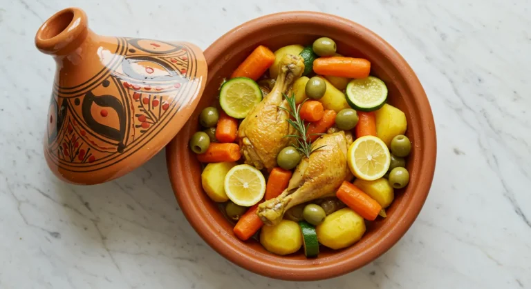 Tajine poulet légumes maison dans un plat marocain, poulet, carottes, courgettes, pommes de terre, olives et citron confit, sans fumée