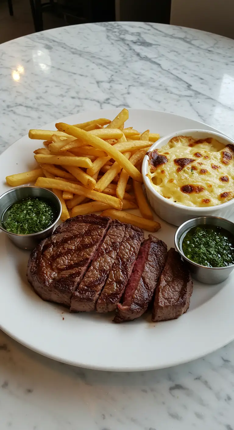 Accompagnements pour côte de bœuf Côte de bœuf avec frites maison, gratin et sauce chimichurri