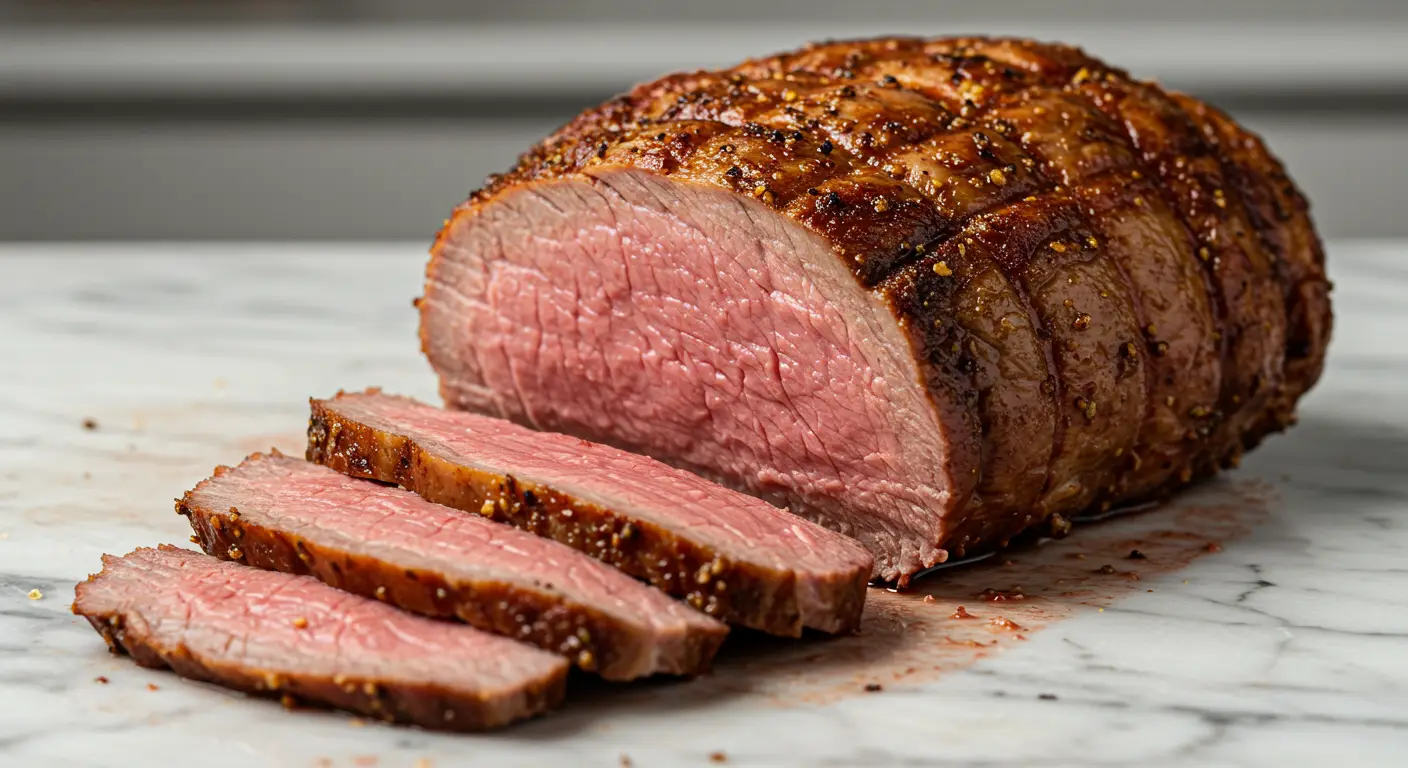 Côte de bœuf au four juteuse et dorée, tranchée et servie sur une planche.
