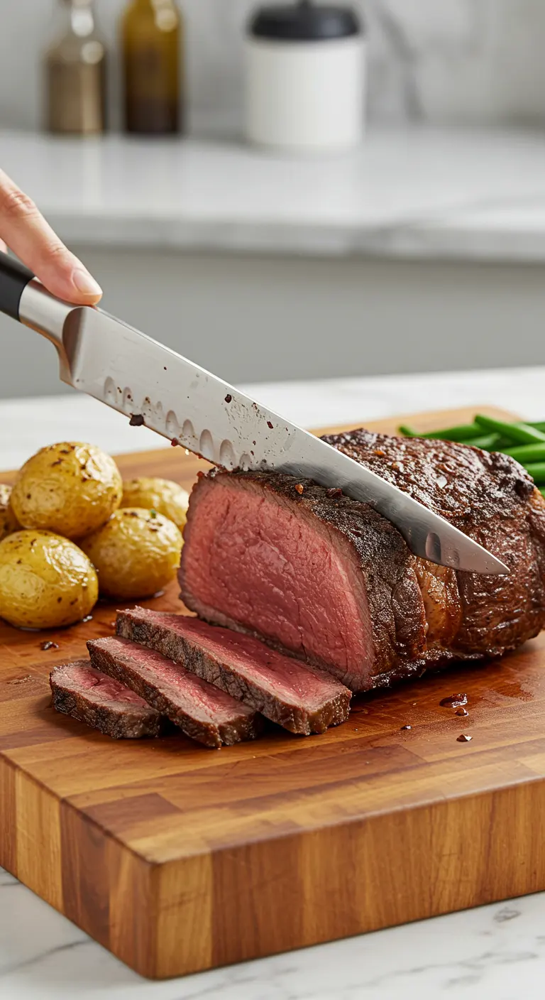 Découpe d’une côte de bœuf au four avec garnitures.