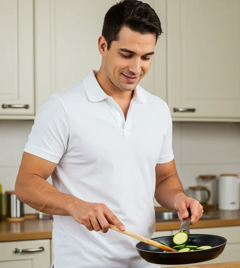 Homme préparant un plat dans une cuisine moderne, concentré sur une poêle de courgettes, entouré de légumes frais.