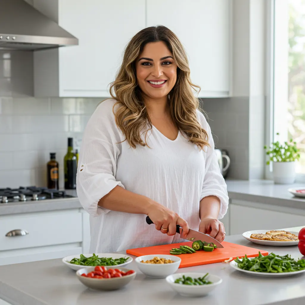 Femme méditerranéenne souriante coupant des légumes sur une planche orange dans une cuisine moderne et lumineuse.