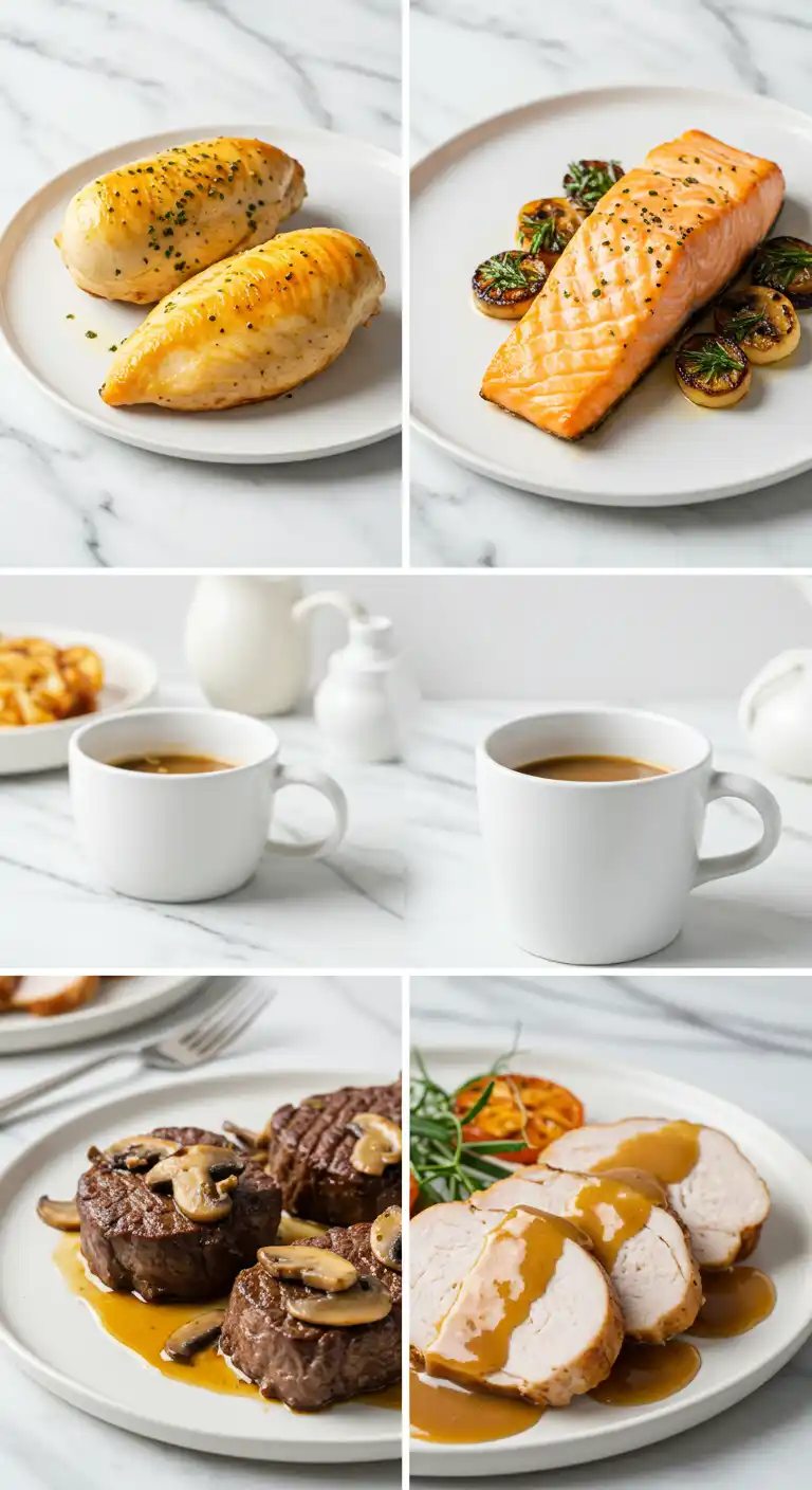 Assiette avec petites portions de poulet rôti, saumon grillé, bœuf aux champignons et médaillons de dinde avec sauce, présentés sur un plan de travail en marbre blanc.