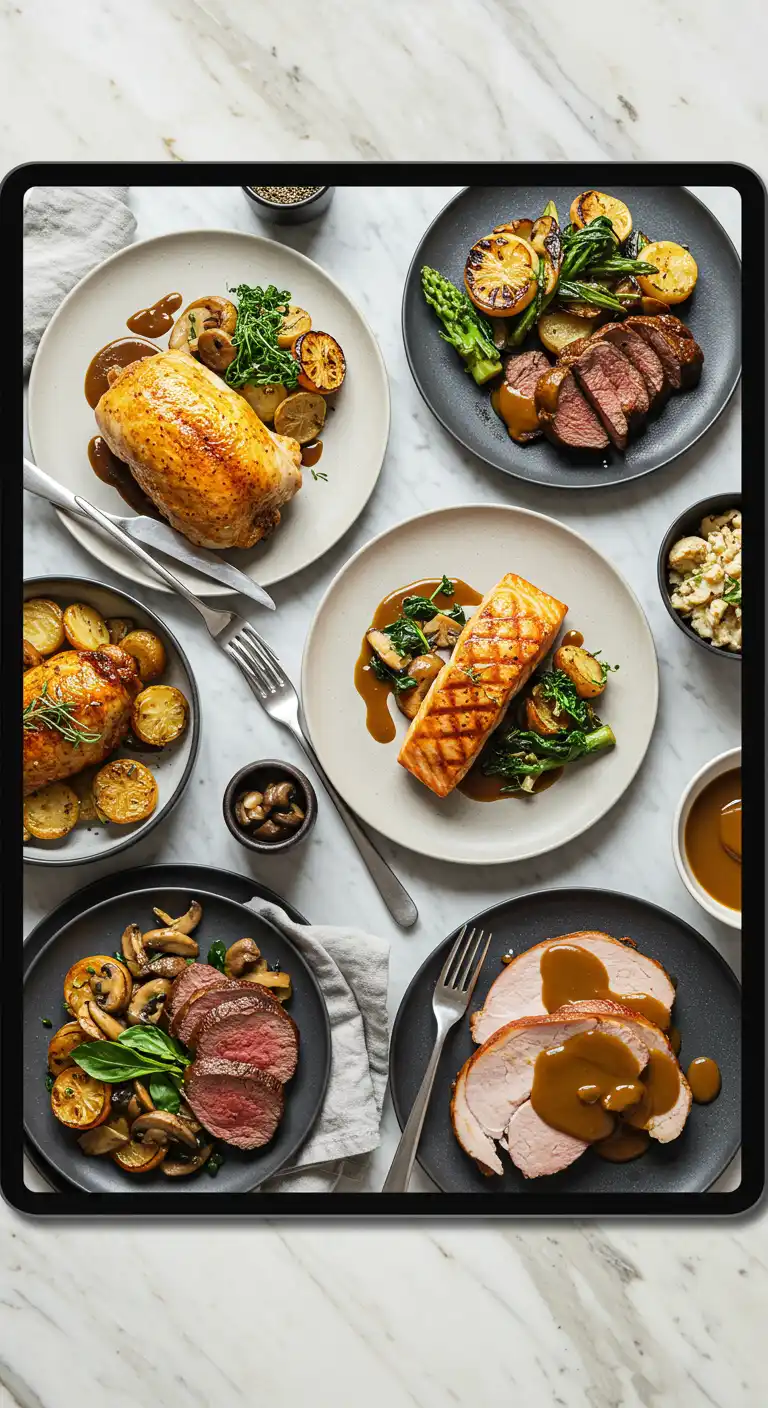 Assortiment de plats cuisinés – poulet rôti, saumon grillé, bœuf aux champignons et dinde en sauce – présentés sur une tablette numérique, fond marbre blanc, style Recette Nomade.