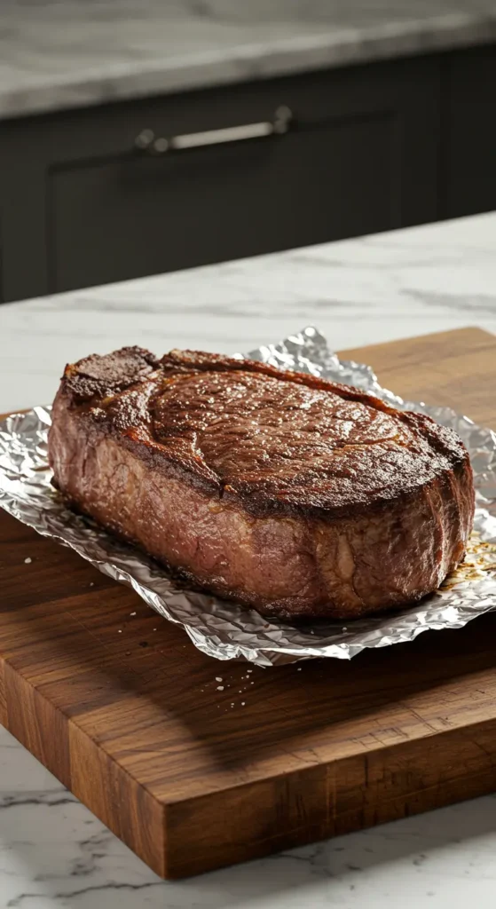 Côte de bœuf reposant sous aluminium après cuisson au four.