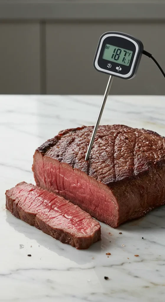 Sonde de cuisson insérée dans une côte de bœuf pour contrôler la température.
