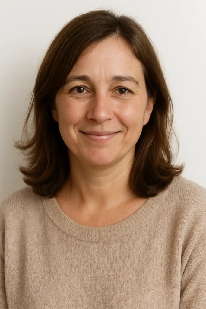 Ce portrait met en avant Lisa, une femme chaleureuse et accessible, autour de 45 ans, qui incarne l’univers culinaire de Recette Nomade dédié aux recettes simples et savoureuses à base de saumon. Le fond blanc épuré renforce la clarté et la modernité de l’image.