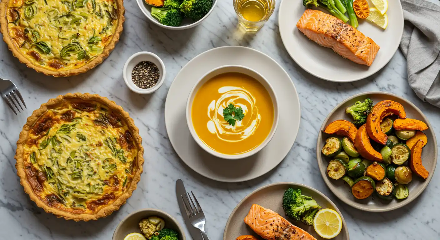 Table d’automne garnie de recettes de saison : quiche aux poireaux, soupe de potiron, légumes rôtis et saumon grillé