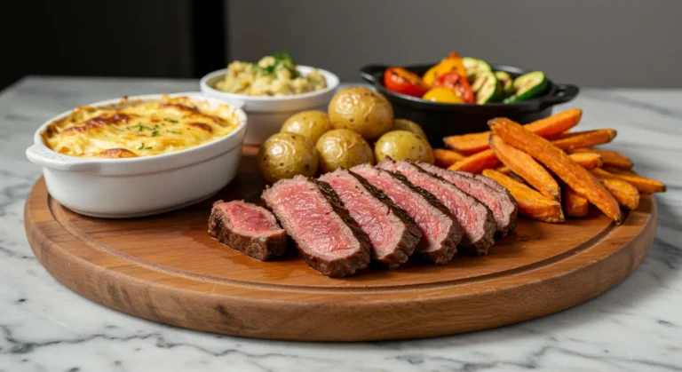 Côte de bœuf servie avec ses accompagnements variés : gratin dauphinois, légumes grillés, pommes grenaille et frites de patate douce