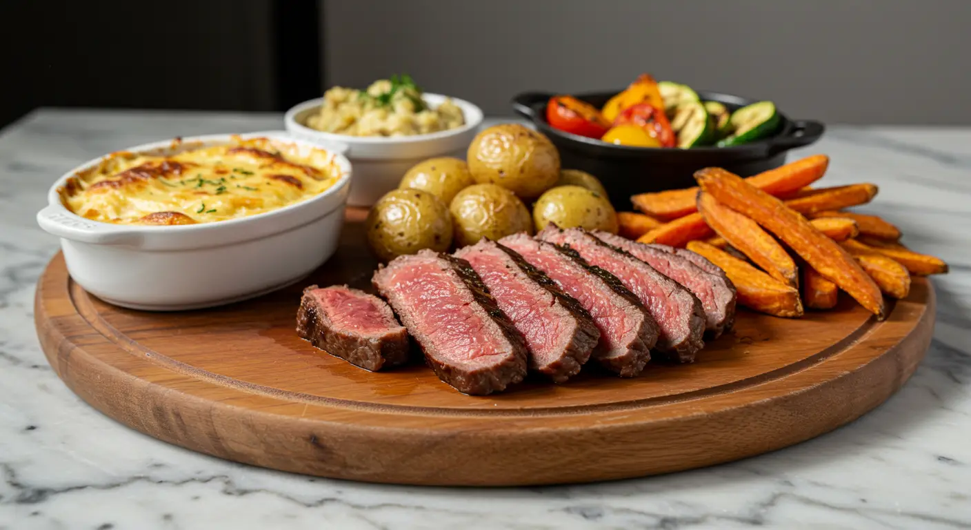 Côte de bœuf servie avec ses accompagnements variés : gratin dauphinois, légumes grillés, pommes grenaille et frites de patate douce