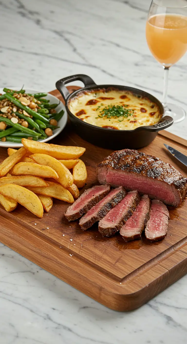 Côte de bœuf barbecue tranchée avec frites, gratin dauphinois, haricots verts et verre de jus