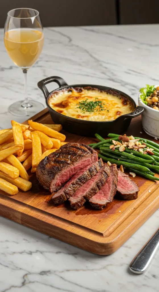 Côte de bœuf barbecue tranchée avec frites, gratin dauphinois, haricots verts