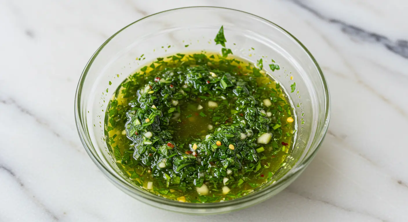 Vue de dessus d’un bol de chimichurri maison zoomé, avec persil, ail et piment.