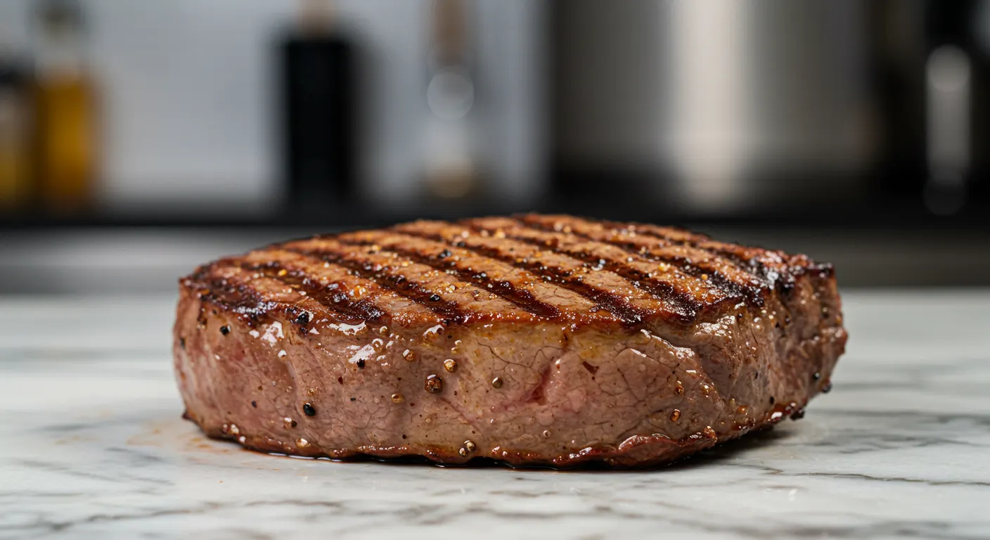 Côte de bœuf barbecue juteuse avec croûte caramélisée, posée sur un plan de travail en marbre