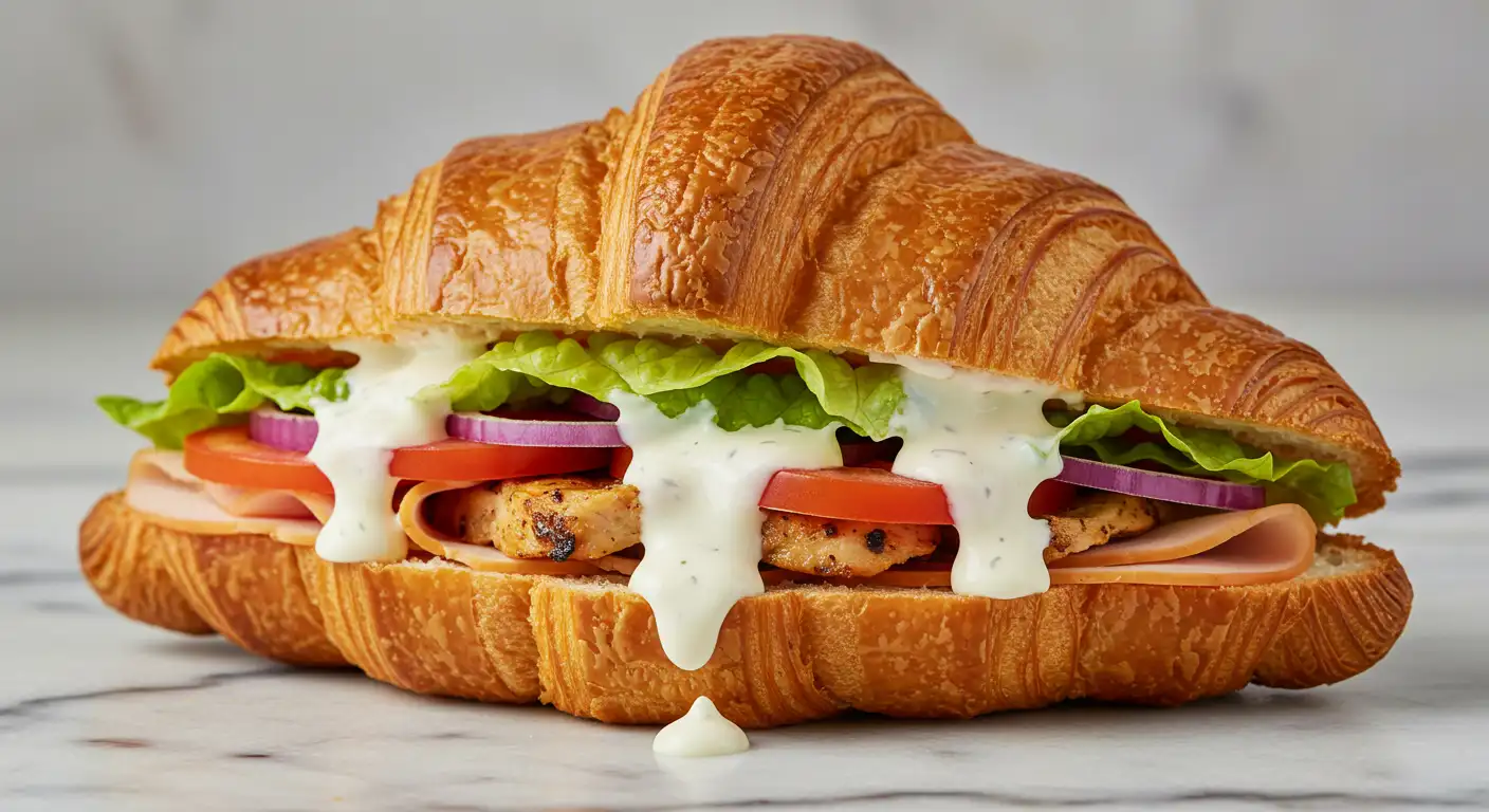 Croissant kebab garni de viande grillée, crudités et sauce blanche débordante, zoom gourmand sur fond marbré