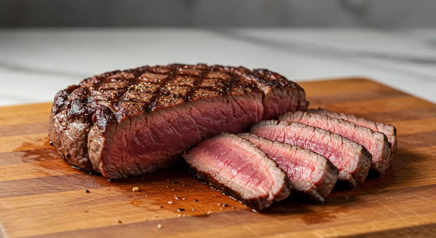 Côte de bœuf cuite et tranchée, viande rosée et juteuse sur planche en bois.